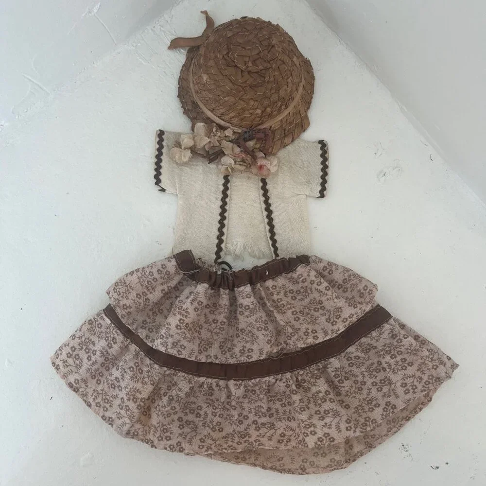 Vintage Doll Outfit Skirt & Jacket Vest & Farmer Hat w/ Flowers Beige & Brown - Picture 8 of 11